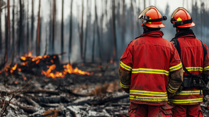 Fototapeta premium Two firefighters observe a wildfire, wearing protective gear and standing amidst burnt trees and smoke.