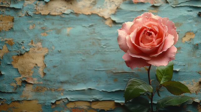 Single pink rose against a rustic blue textured background