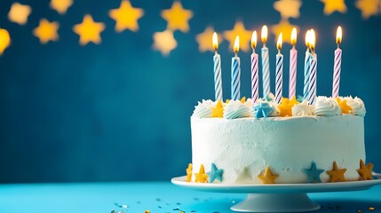 Festive Birthday Cake With Lit Candles And Stars