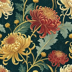 Elegant Seamless Pattern of Red and Gold Chrysanthemum Flowers on Dark Green Background