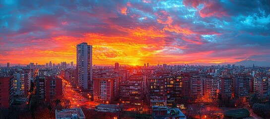 Fototapeta premium Fiery Sunset Over City Skyline Buildings Glowing