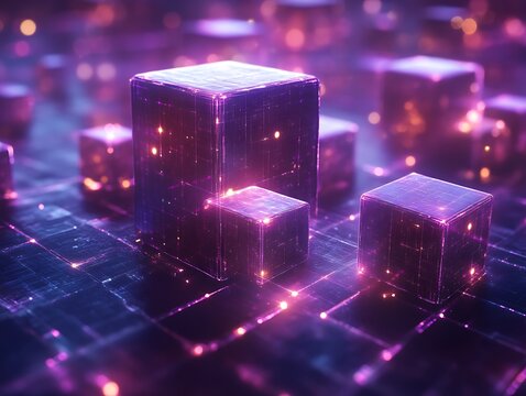 Glowing purple cubes on digital surface.