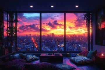 Cozy urban living room with sunset view over city skyline