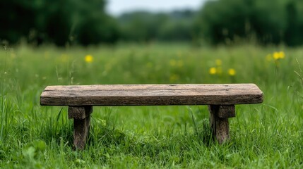Rustic wooden bench in grassy field, tranquil nature scene, perfect for relaxation or solitude