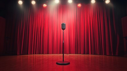 Retro microphone on stage with red curtains. Ideal for comedy, music, or performance promotions.