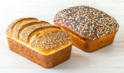 Freshly baked loaves of bread, one with seeds and the other classic. Delicious and inviting.