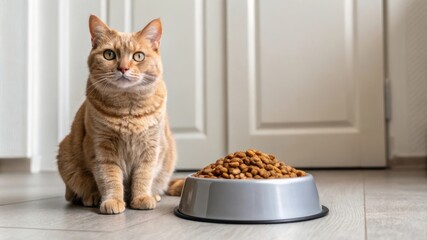 Pet food concept, Cat sitting beside a bowl of dry cat food.