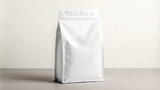 Pet food concept, Blank white packaging bag on a minimalist background