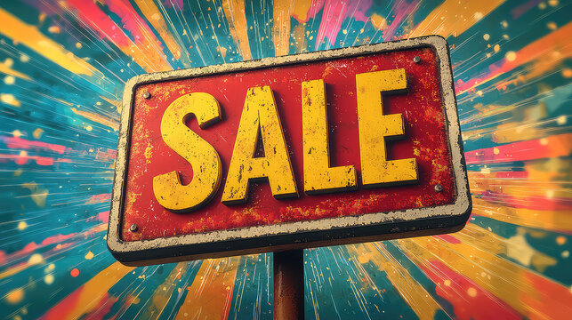 A rusty metal sign displaying "SALE" against a vibrant, colorful, burst background.