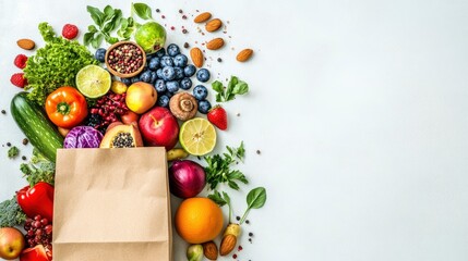 A paper bag full of fruits, vegetables and nuts on a white background with space for a text banner. The top view, flat lay shows healthy eating or shopping in a grocery store. With large copy space.