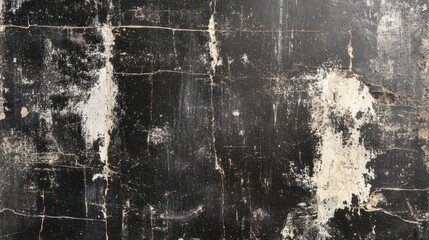 Black textured wall with cracks and peeling paint. Ideal for grunge, urban, or abstract design projects.