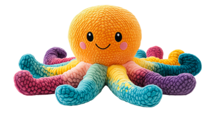 Colorful plush octopus toy on white background with cheerful expression and vibrant tentacles isolated on transparent background
