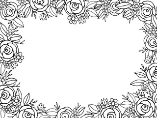 Doodle flower Hand drawn floral square frame featuring roses, daisies, and leaves in monochrome. Perfect for coloring pages, invitations, and minimalist designs.