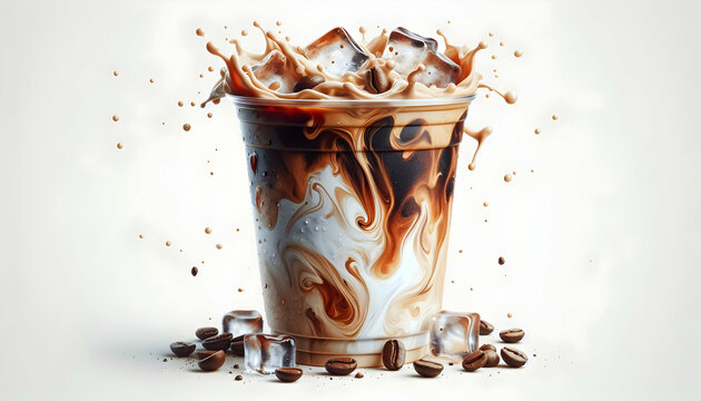 Coffee A plastic cup filled with iced coffee the milk and coffee creating a marbled effect ice cubes on top1