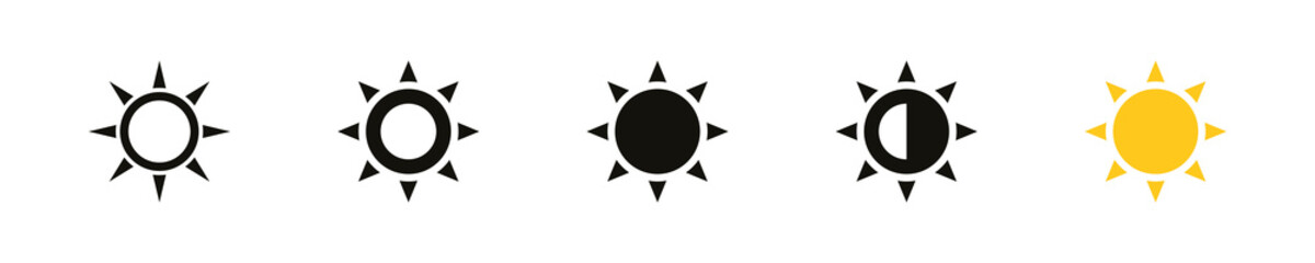 sun icon set. sunlight, brightness icons. bright yellow sun vector icon. night mode icon symbol for user interfaces