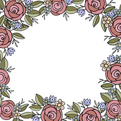 Floral square frame with pink roses, blue flowers, yellow daisies, and green leaves on a white background. Ideal for invitations, greeting cards, and decorative designs