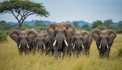 Obraz premium A herd of wild elephants walk through tall grass in Tanzania, East Africa