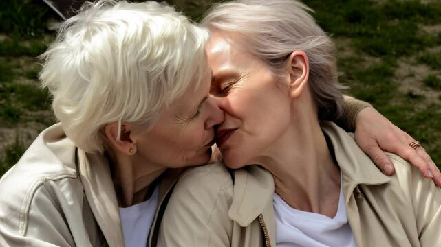 Mature senior lesbian women kissing sitting in a park bench
