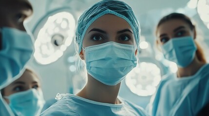 Medical students observing a surgical procedure in an operating room. They are wearing masks and scrubs, watching closely