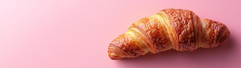 A golden-brown croissant rests on a soft pink background, showcasing its flaky texture and inviting appearance.