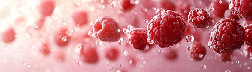 A vibrant close-up of floating raspberries in water, showcasing their rich color and texture...