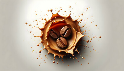 Coffee A close-up of three coffee beans arranged in the center with a circular splash of coffee liquid surr1