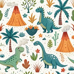 Adorable Cartoon Dinosaurs Seamless Pattern Prehistoric Jungle with Volcanoes and Tropical Plants