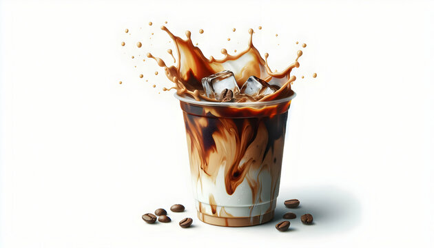 Coffee A close-up of a plastic cup filled with iced coffee marbled with milk and coffee ice cubes on top wi3