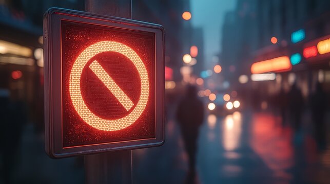 A vibrant city street scene featuring a glowing no entry sign.