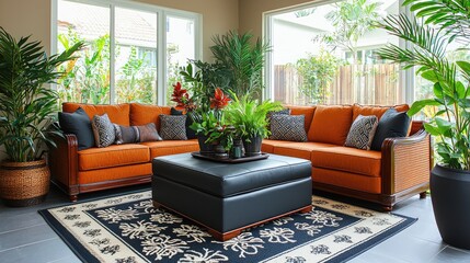 Tropical living room interior design,  sunlit space, comfortable seating,  plants, home decor, ideal for real estate listings