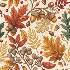 Autumnal Seamless Pattern Oak Leaves Acorns Berries and Fall Foliage Design