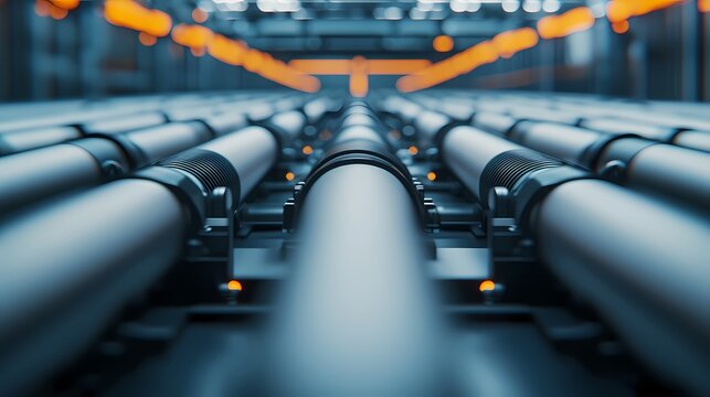 A close-up view of industrial pipes arranged in parallel, illuminated by ambient lighting, showcasing a modern, technological environment.