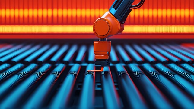 A robotic arm is positioned above a grid of parallel lines, illuminated by vibrant orange and blue lights, suggesting a high-tech, automated environment.