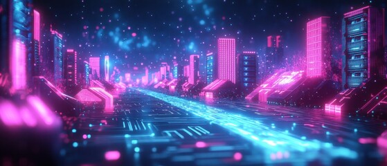 Obraz premium Cityscape with neon lights and glowing digital river flow