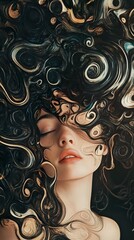 Abstract Surreal Woman Portrait: Swirling Hair and Dreamlike Face