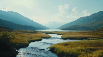 Fototapeta premium Serene Mountain Lake Landscape: A Tranquil River Flows into a Majestic Lake Nestled Between Towering Mountains Under a Calm Sky