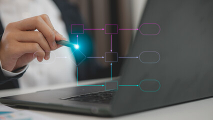 Digital technology of business process and workflow automation with flowchart and processing management. Chart scheme hierarchy management of corporate.