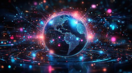 Digital globe surrounded by vibrant colorful data streams