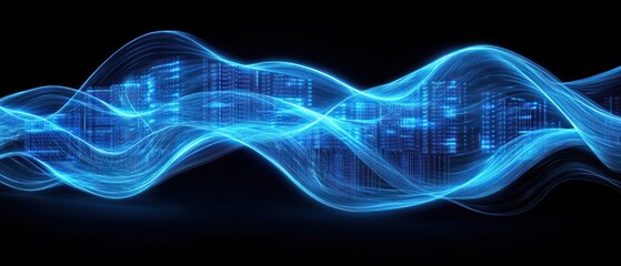 Blue wave patterns with digital details on black background