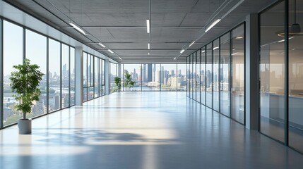 Obraz premium Modern empty office interior with city view and glass partitions
