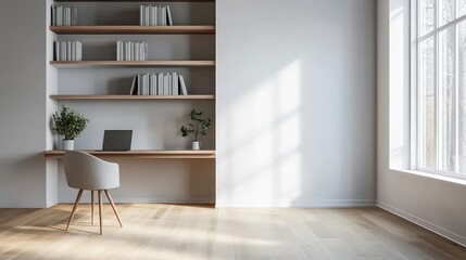 Fototapeta premium Modern home office with minimalist desk and built-in shelves in bright room.