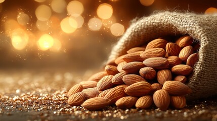 Close-up of almonds spilling from a burlap sack with a warm bokeh background.