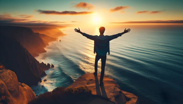 A person standing at the edge of a cliff overlooking the ocean at sunrise, arms open wide, embracing freedom and a sense of limitless possibilities. - Powered by Adobe