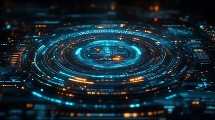 Futuristic HUD interface with glowing circles.