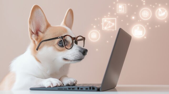 A playful corgi wearing stylish glasses, intently focused on a laptop, with glowing digital icons in the background. A tech-inspired concept illustrating intelligence and curiosity in a modern setting