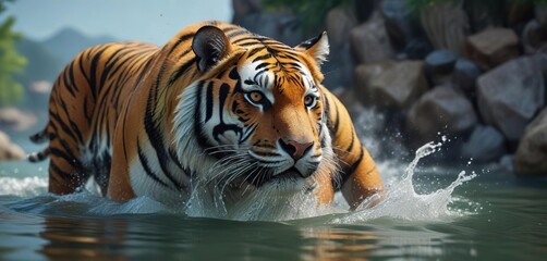 Fototapeta premium Tiger emerging from the water with its head held high, bengal tiger, lake