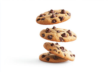 Falling chocolate chip cookies isolated on white background 