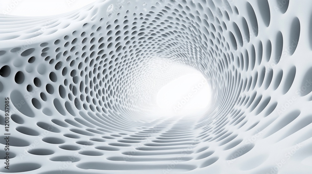 Poster abstract 3d rendering of a white tunnel with a porous, textured surface, leading to a bright light.
