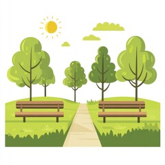 Obraz premium Sunny Park Pathway With Benches And Trees