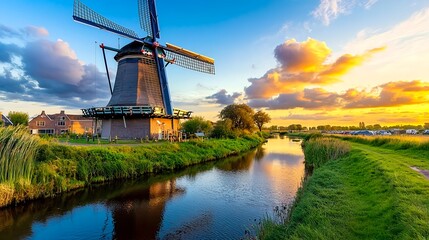 Fototapeta premium dutch windmill sunset canal landscape - golden hour photography